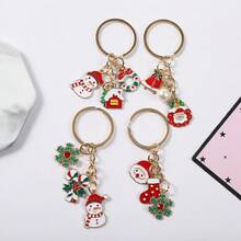 1pc Christmas Themed Enamel Keychain With Snowman, Santa Claus And Snowflake Charms, Zinc Alloy Material - Multicolor - View 4