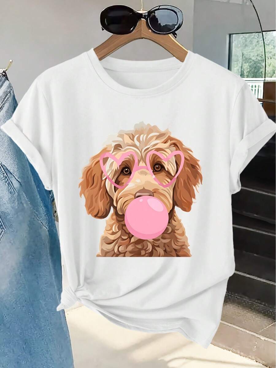Women's Short-Sleeved T-Shirt With A Fun "Bubblegum" Poodle Print, Round Neck, Machine Washable, Skin-Friendly, Soft, Breathable, Suitable For Spring. - White - View 1