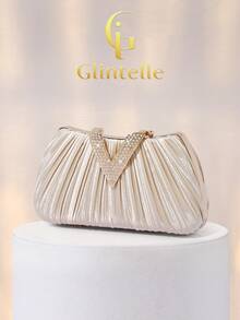 Glamor Vibe Women's Fashion Satin Pleated Box Clutch, Diamond Hardware Flap Design Handbag, Luxurious Exquisite Box Pleated Handbag, Suitable For Weddings, Celebrations, Formal Occasions, Party Clutch/Shoulder Bag, High Quality Apricot Pleated Evening Chain Shoulder/Crossbody Bag - Apricot - View 2