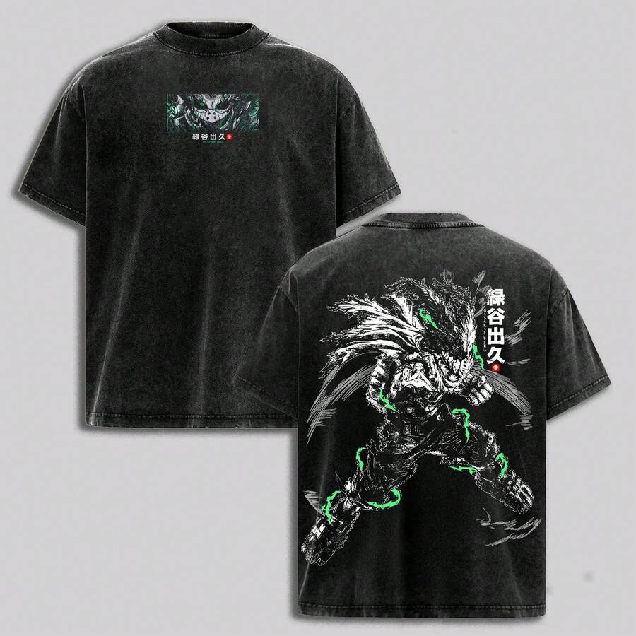 Camiseta Dark Deku x con Gráficos de Anime, Camiseta Oversize Lavada Estilo Vintage, Top de Algodón Suave Lavado Ácido, Ropa Casual Unisex, Regalo para Fans de Anime, Merch - Negro - Ver 1