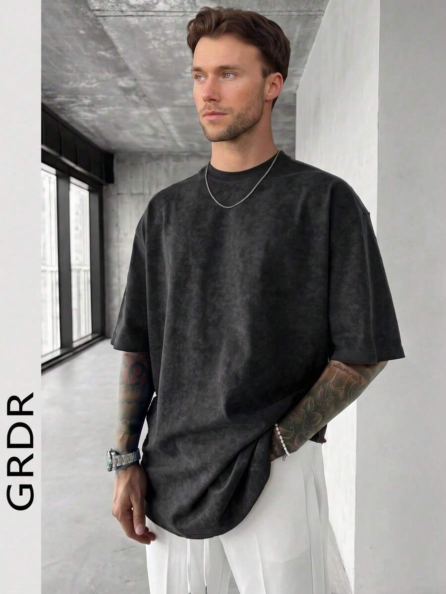 GRDR Kaos Lengan Pendek Pria Gaya Retro Minimalis Warna Polos, Nyaman & Bernapas, Cocok untuk Musim Panas, Tren Fesyen Terkini - Grey - View 1