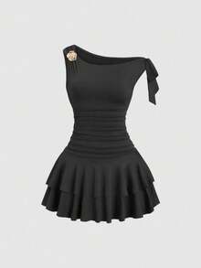 Vestido de moda con decoración de flor de metal, cuello asimétrico y dobladillo con volantes para mujer - Rojo violeta - Ver 8