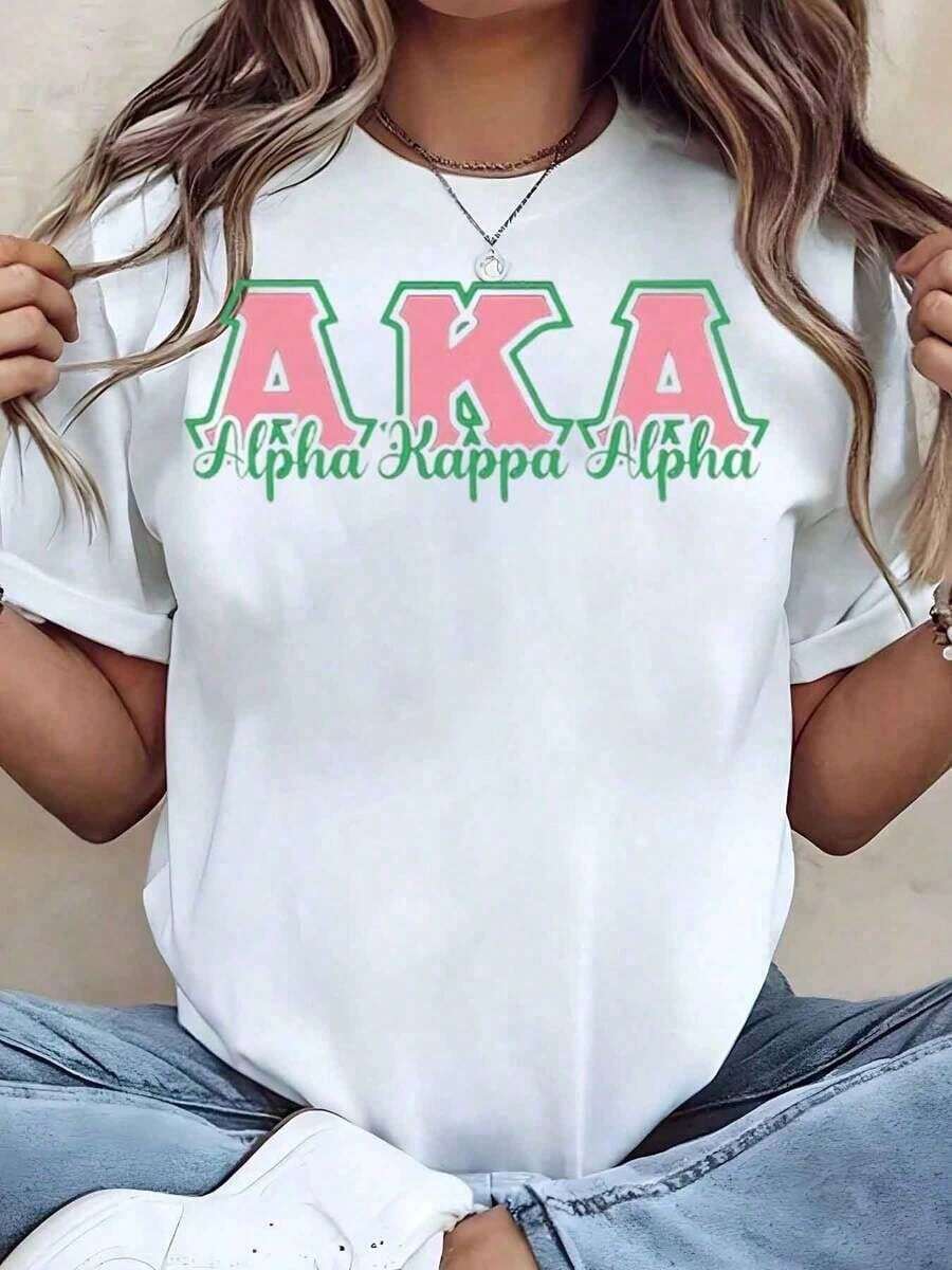 Camiseta de Mujer Aka Alpha con Estampado de Letras Alpha, Cuello Redondo, Ropa Casual, Regalo para Miembros de Sororidades, 220g-Unisex, Adecuada para Salidas Diarias Casuales, Camiseta de - Blanco - Ver 1