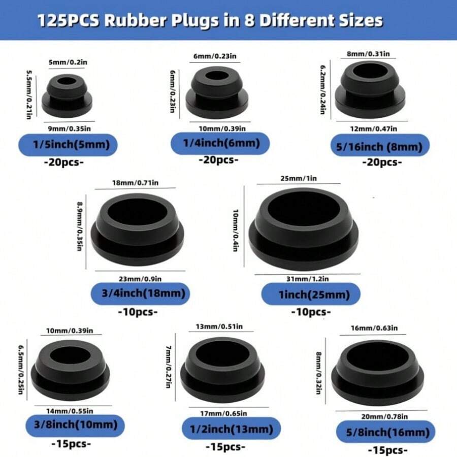 125pcs Black Rubber Plugs, 8 Sizes Silicone Plugs For Round Holes, 1" 3/4" 5/8" 1/2" 3/8" 5/16" 1/4" 1/5", Rubber Plug Set, Suitable For Furniture, Office, Kitchen, Car - Multicolor - View 1
