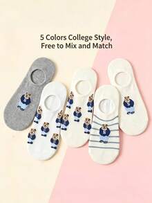 5 pares de calcetines estilo coreano Ins con pequeños osos, calcetines de algodón de corte bajo, antideslizantes, adecuados para primavera y verano - Multicolor - Ver 1
