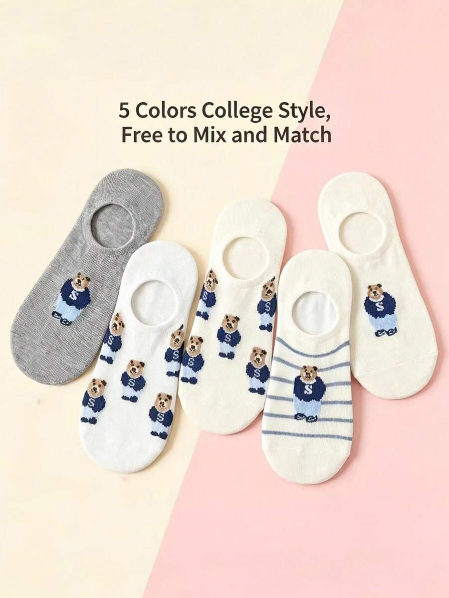 5 pares de calcetines estilo coreano Ins con pequeños osos, calcetines de algodón de corte bajo, antideslizantes, adecuados para primavera y verano - Multicolor - Ver 1