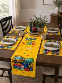 1pc-Back To School Table Runner And Placemats Set, Yellow School Bus Linen Table Decor With Books, Apple, Globe And Stars For Welcome Back Party, Teacher Classroom, Dining Room And Kitchen - Multicolor - View 5