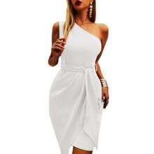 Vestido de Fiesta de Verano Nuevo, Estilo Europeo y Americano, Color Sólido, Sin Mangas, con Tirantes Asimétricos - Azul - Ver 5