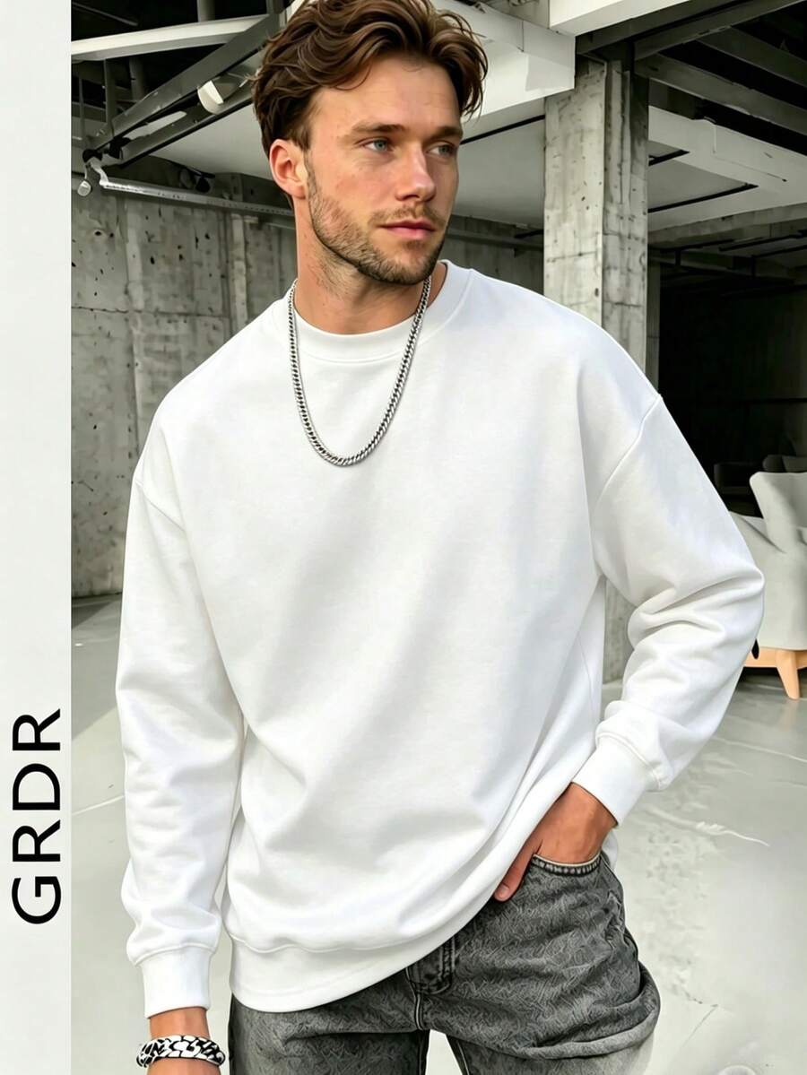 GRDR 男士休闲纯色套头圆领卫衣 - 白色 - 查看 1