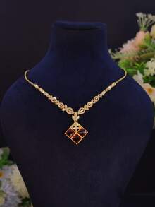 3pcs 18K Gold Plated Luxury Royal Style Square Design Women's Party Set, Handmade Inlaid Red Cubic Zirconia, Includes Necklace And Earrings, Suitable For Daily Wear, Party, Wedding Anniversary Gift - Square Design Set - View 5