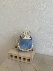 1pc Mini Pearl Chain Decor V-Neck Print PU Portable Drawstring Fashion Crossbody Bag Suitable For Women's Daily Use - Blue - View 6