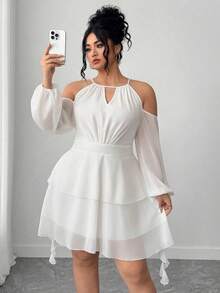 Vestido de mujer con cuello corazón, mangas farol y hombros descubiertos de unicolor - Multicolor - Ver 2