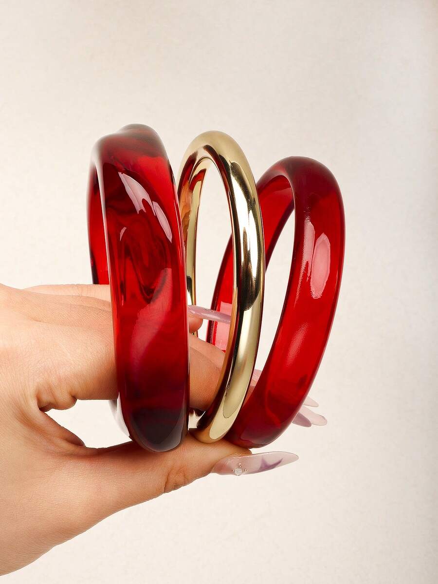 3pcs Women's Resin Bangle Bracelets Geometric Round Design Unique Personalized Jewelry - Red - View 1