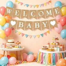 1 Set Willkommens-Baby-Girlande aus Kunstleinen, Babyparty- und Gender-Reveal-Party-Dekoration, bohemische Vintage-Leinenstoff-Girlande, Fotohintergrund-Wanddekoration, Neugeborenen-Willkommensparty-Vollmond-Bankett-Hängedekoration, rustikales Themenparty-Banner, Innen-/Außen-Dekorationszubehör - Übersicht 3