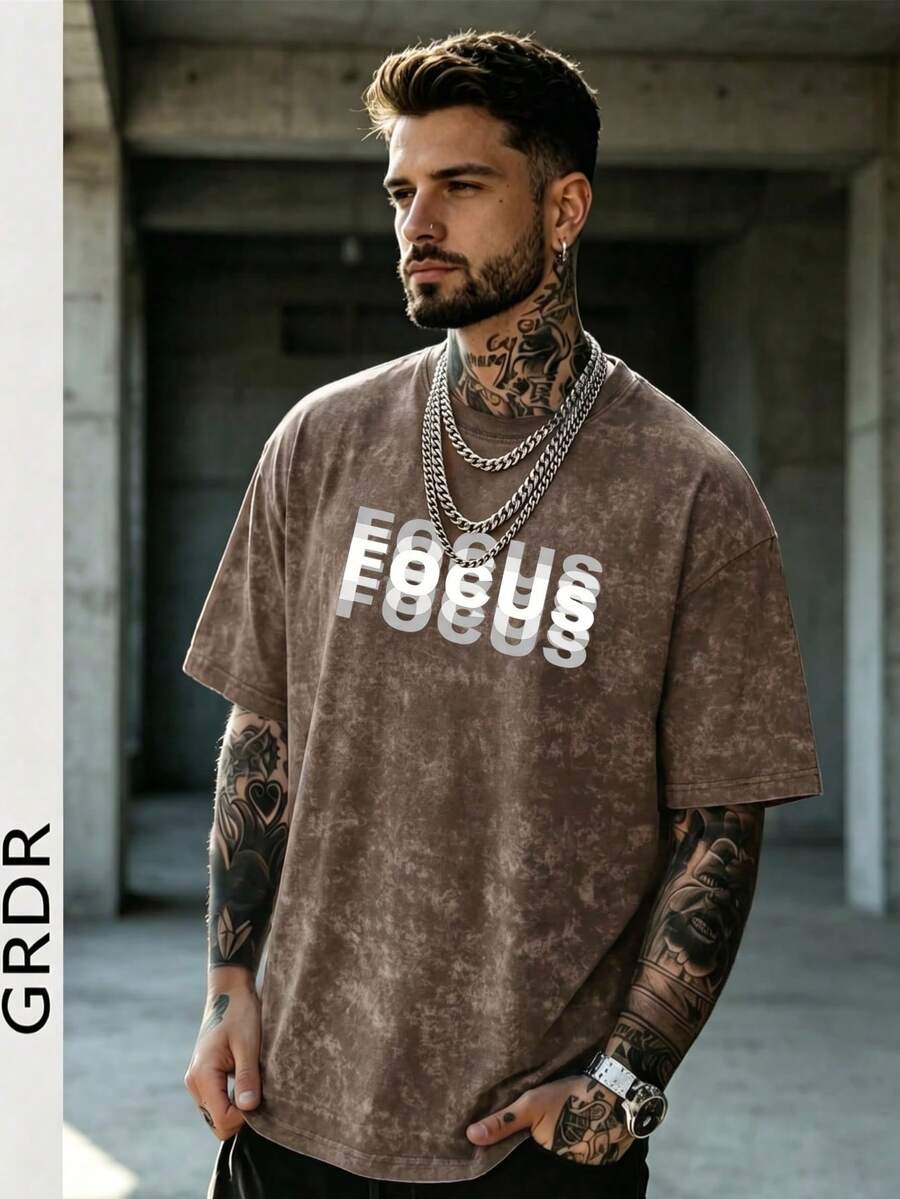 GRDR | 男士复古简约水洗短袖T恤 | 适合夏季穿着 | 舒适透气 | 时尚 - 棕色 - 查看 1