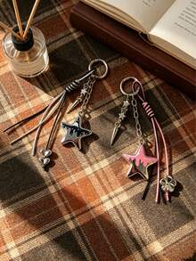 1pc Star Keychain, Y2K Style Dripping Star Bag Charm With Tassel And Rivet Details, Cute Aesthetic Key And Backpack Accessory - Multicolor - View 2