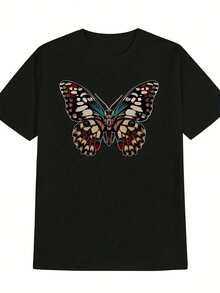 Vibrant Monarch Butterfly Print, Lightweight And Breathable, Short Sleeve, Round Neck, Casual T-Shirt For Everyday Wear, Outdoor Sports, Spring/Summer/Autumn, Sizes XL - 5XL - 黑色 31 - 查看 1