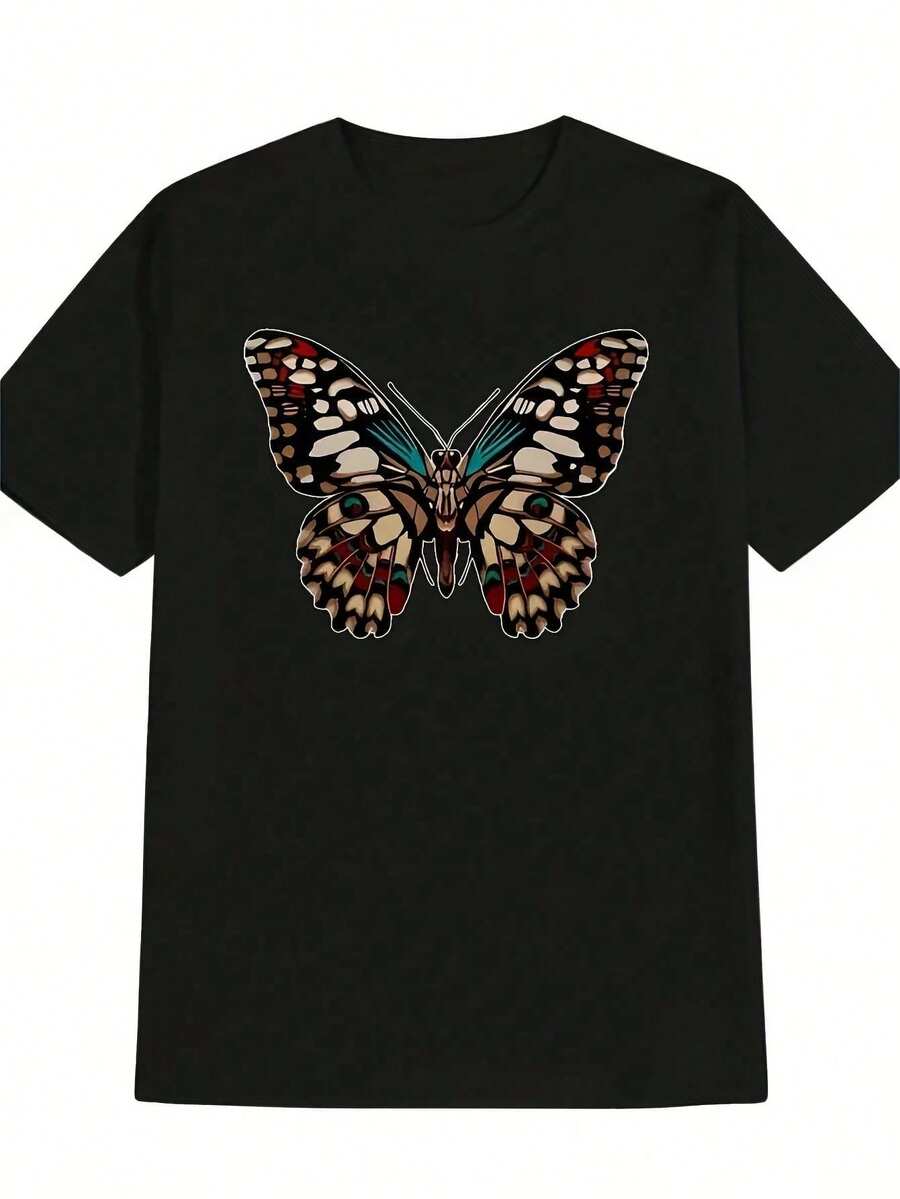 Vibrant Monarch Butterfly Print, Lightweight And Breathable, Short Sleeve, Round Neck, Casual T-Shirt For Everyday Wear, Outdoor Sports, Spring/Summer/Autumn, Sizes XL - 5XL - 黑色 31 - 查看 1