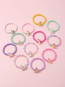 12Pcs/Set Kids Cute Unicorn Beaded Bracelet Set, For School, Daily & Holiday Wear, Random‑Color Beads - Multicolor - View 3