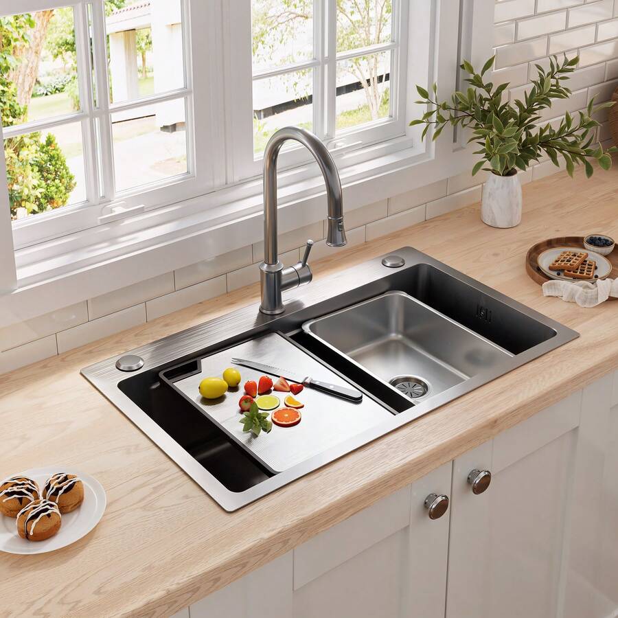 75 X 45 Cm Stainless Steel Inset Sink With Cutting Board, Additional Inner Bowl And Drainer Basket, PVD Coating, Waterfall Waste, Quiet Operation And 3 Tap Holes - 銀色 - 查看 1