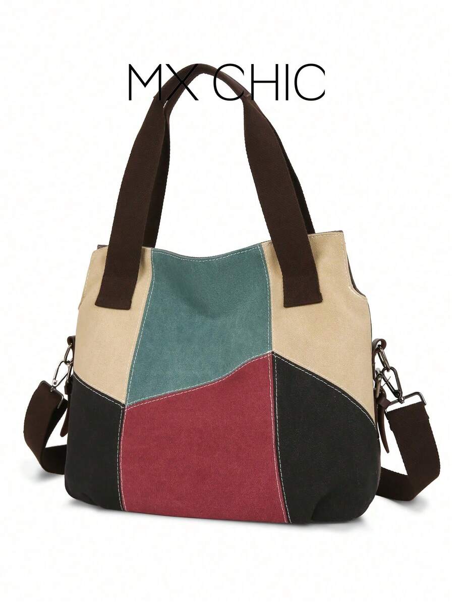Colorblock Patchwork Premium Canvas Shoulder Bag, Vintage Casual Hobo Bag, Detachable Shoulder Strap, Can Be Worn Crossbody; Versatile Style For Women, Also An Excellent Gift Choice For Teacher's Day - Red - View 1