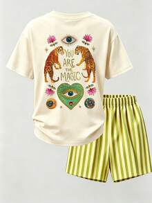 Plus Size Women 2-Piece Set, Women Plus Size Tiger Print T-Shirt, Can Be Given As A Gift To Family And Friends Elegant Summer - Apricot - View 4
