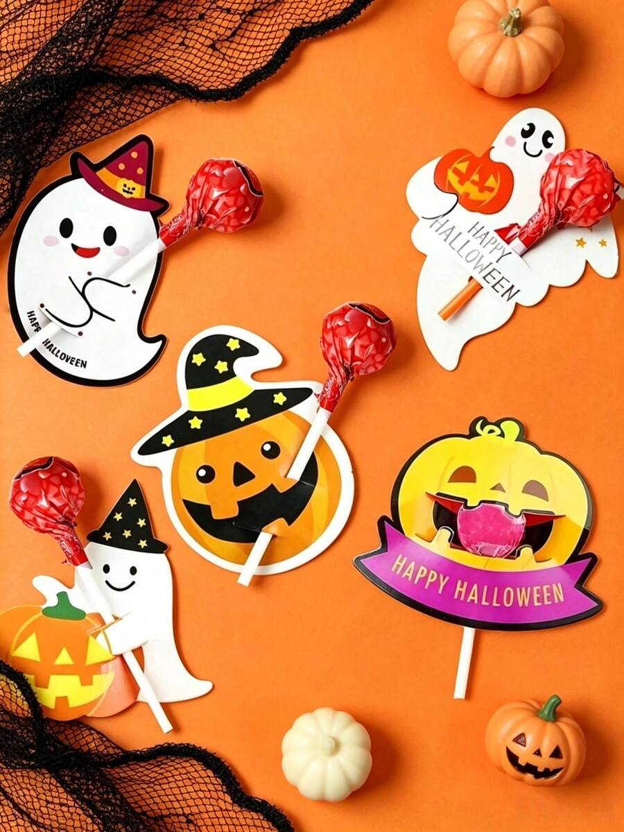 500PCS/200PCS/100pcs/50pcs/25PCS Halloween Themed Lollipop Decorations, Halloween Christmas Gift Cards, Creative Design Halloween Ghost Pumpkin Lollipop Decorative Card Paper, Suitable For Halloween Party Supplies