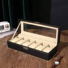 Kotak Display Jam Tangan Kulit PU Klasik Mewah 6 Slot | Kotak Penyimpanan Koleksi Jam Tangan Pria dengan Tutup Kaca Transparan dan Lapisan Beludru, Cocok untuk Pajangan, Hadiah Ideal untuk Pecinta Jam Tangan - Hitam - View 6