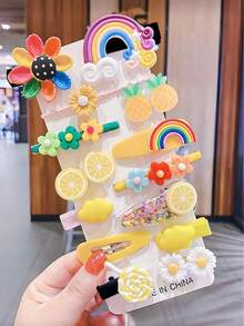 14pcs/24pcs Girls Cute Hair Clips Set, Rainbow, Fruit, Flower Pattern Hair Clips, Non-Slip Bangs Clips, Suitable For Daily Wear - Multicolor - View 4