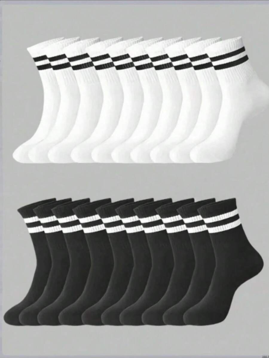 Striped Mid-Calf Socks, Comfortable And Breathable, Unisex Long Socks, White, Suitable For Daily, Sports, Autumn Wear - Multicolor - View 1