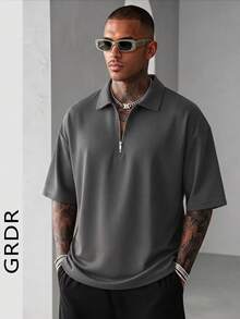 GRDR 男士夏季半拉链 Polo 衫，纯色经典短袖，适合户外休闲穿着 - 深灰色 - 查看 4
