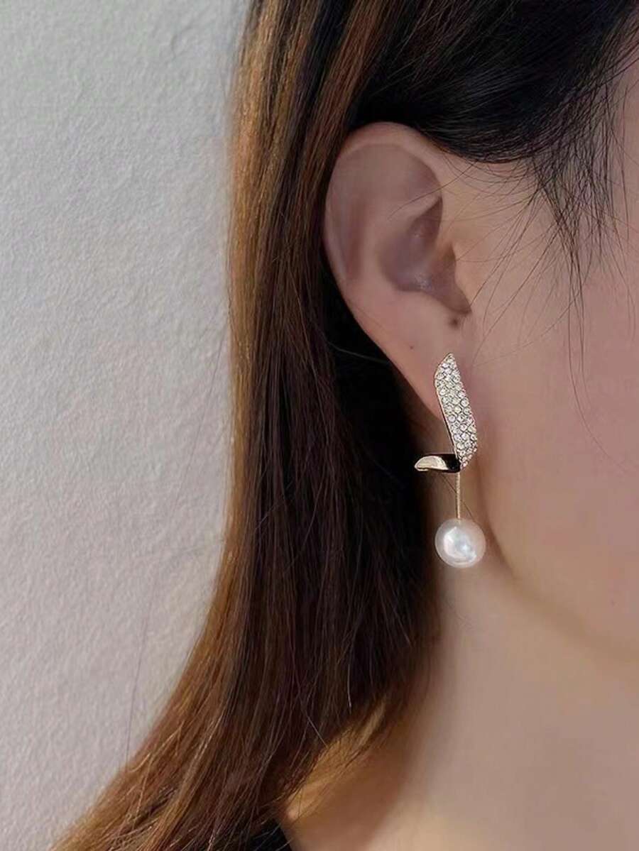 2pcs Elegant Rhinestone & Pearl Long Dangle Earrings, European & American Fashion Long Tassel Pendant Earrings, Suitable For Women's Daily Wear - diamond and pearl earrings - View 1