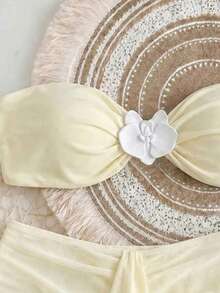 Traje de baño de 3 piezas amarillo crema para mujer de verano, vestido maxi con abertura de gasa, estilo de vacaciones, moda romántica para fiesta y vacaciones - Amarillo claro - View 6