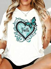 Women's Casual T-Shirt, Turquoise Heart Print With Spiral And Butterfly Ornaments, "Faith" Text, Delicate Spiritual Style, Suitable For Everyday Wear And Outdoor Outings - 白色 - 查看 1