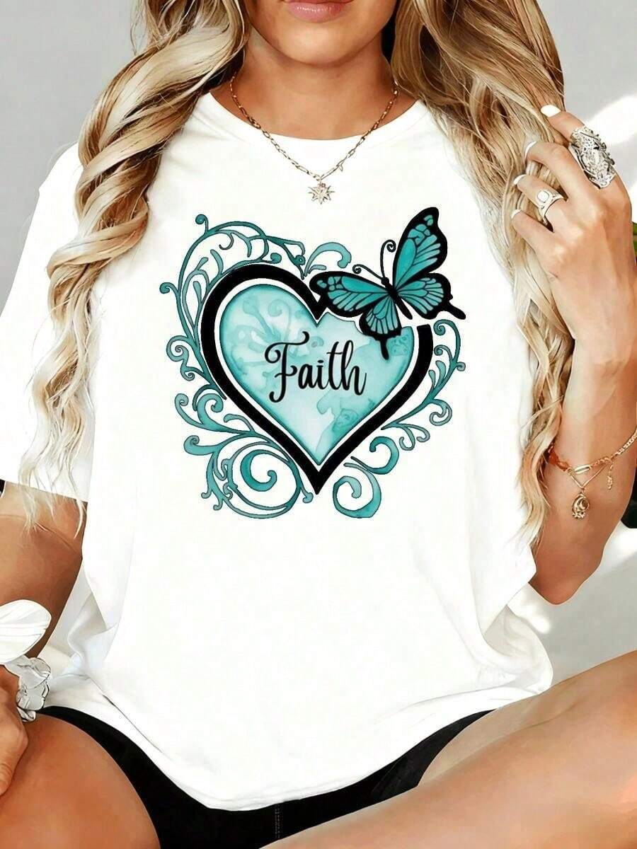 Women's Casual T-Shirt, Turquoise Heart Print With Spiral And Butterfly Ornaments, "Faith" Text, Delicate Spiritual Style, Suitable For Everyday Wear And Outdoor Outings - 白色 - 查看 1