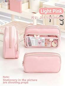 1pc Cute Pink Pencil Case With Transparent Window, Multi-Layer Large Capacity Stationery Organizer Bag, Waterproof Zipper Storage, First Day Of School - Multicolor - View 6