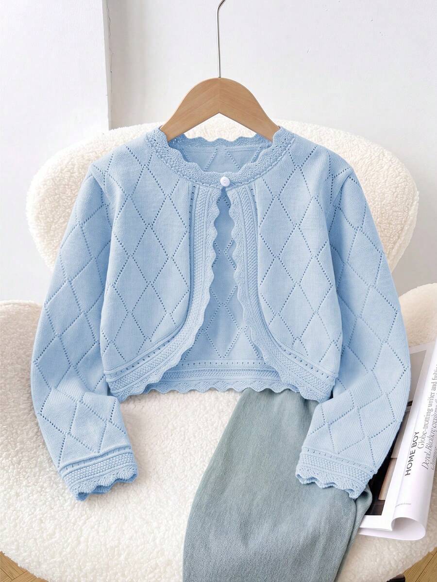 Girls' Spring Elegant Hollow Design Argyle Pattern + Lace Trim Knit Cardigan, Soft And Sweet, Suitable For Daily Wear Or Outings - Baby Blue - View 1