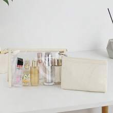 2pcs New Spring Floral Makeup Bag Set, Transparent Visible + Floral Quilted Design, Fluffy Touch Large Capacity Storage Bag, Travel Toiletries / Gift Dual Use - White - View 2
