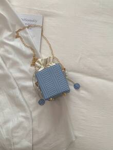 1pc Mini Pearl Chain Decor V-Neck Print PU Portable Drawstring Fashion Crossbody Bag Suitable For Women's Daily Use - Blue - View 8