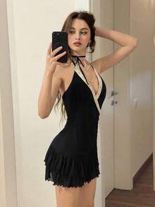 Vestido elegante sin mangas de encaje y malla en contraste con cuello halter, estilo boho country occidental para el verano - Negro - Ver 5