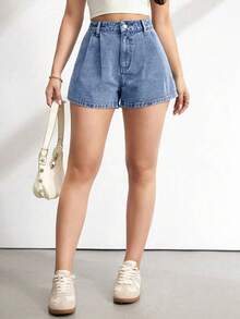Tall Pantalones cortos de mezclilla con cintura alta y pliegues, conjuntos casuales de verano de línea A para mujer, pantalones cortos de mezcl - Azul lavado medio - Ver 6