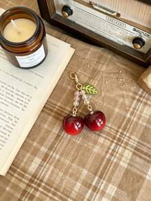 1pc Cherry Keychain, Bright Red Cherry Pendant With Beads And Leaves, Fashionable Women's Bag Charm, Suitable For Keys And Backpacks - Multicolor - View 2