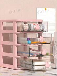 Pink & White/Set Cute Bunny Knob Desk Drawer Organizer, Clear Plastic Desktop Storage Box, Multi-Drawer Organizer For Stationery, Makeup, Cosmetics & Office Supplies, Transparent Desktop Cabinet,Space-SavingVanityOrganizer For Home,Office,Schoo &Dorm - Multicolor - View 9