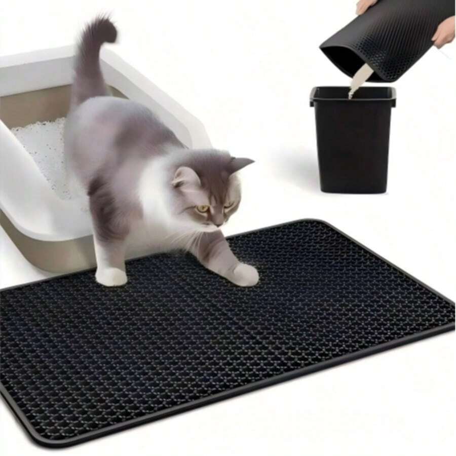 Double-Layer Honeycomb Design Cat Litter Mat, Waterproof, Anti-Slip And Urine-Collecting Function, Helps Collect Cat Litter, Suitable For Various Cat Litter Boxes, Sandboxes, Cat Supplies, Cat Bedding, Cat Beds, Dog Feeding Mat, Urine-Proof Mat, Sleeping Mat - Black - View 1