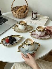 1/4 Sets 90ml Gold Rim Gradient Ceramic Cup & Saucer With Leaf Tray, European Luxury Coffee Mug Set With Leaf-Shaped Saucer.For Espresso Cup,Latte,Tea, Ideal For Afternoon Tea, Party,Wedding,Home Decor,Gift For Birthday,Easter,Back-To-School,Easter - Multicolor - View 5