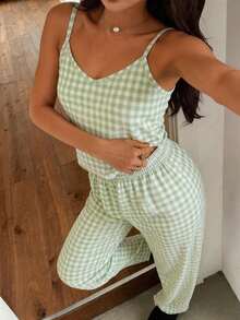Women's Pajama Set Home Wear Set Simple Plaid Print Style Camisole And Long Pants, Spring/Summer - Mint Green - View 1