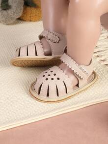 1 Pair Infant Shoes With Floral PU Lace Trim, Flat Sole, Simple Versatile Sandals For Summer - Apricot - View 3