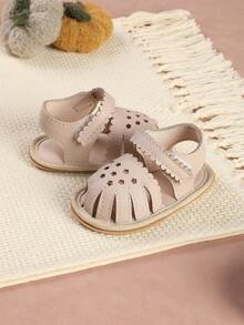 1 Pair Infant Shoes With Floral PU Lace Trim, Flat Sole, Simple Versatile Sandals For Summer - Apricot - View 5