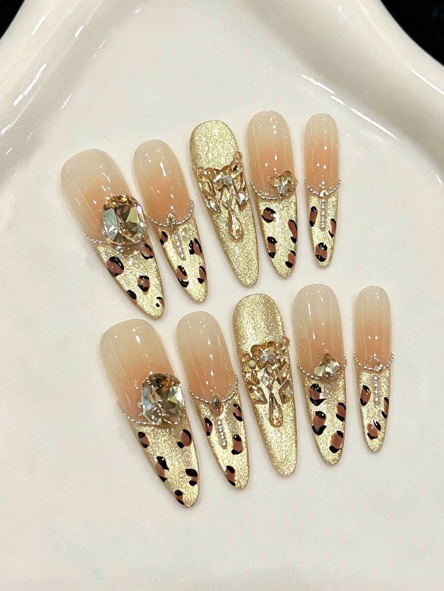 10 piezas de uñas postizas largas de estilo stiletto hechas a mano para fiestas y uso diario, uñas doradas, uñas postizas con efecto ojo de gato, strass, estampado francés y de leopardo, uñas de verano. Fáciles de usar, uñas de verano, adecuadas para niñas y mujeres en festivales, fiestas y uso diario