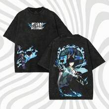 Vintage Video Game Character Graphic Print T-Shirt, Retro Style With Acid Wash, Thick Cotton And Loose Fit, Short Sleeve, Hip Hop Style, Urban Clothing, Casual And Modern - 黑色 - 查看 1